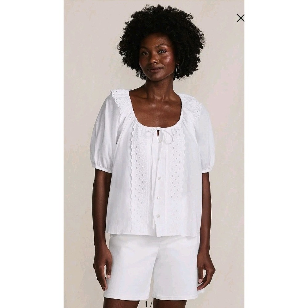 Lands End Voile Puff Elbow Sleeve Ruffled Embroidered Blouse White Size Medium